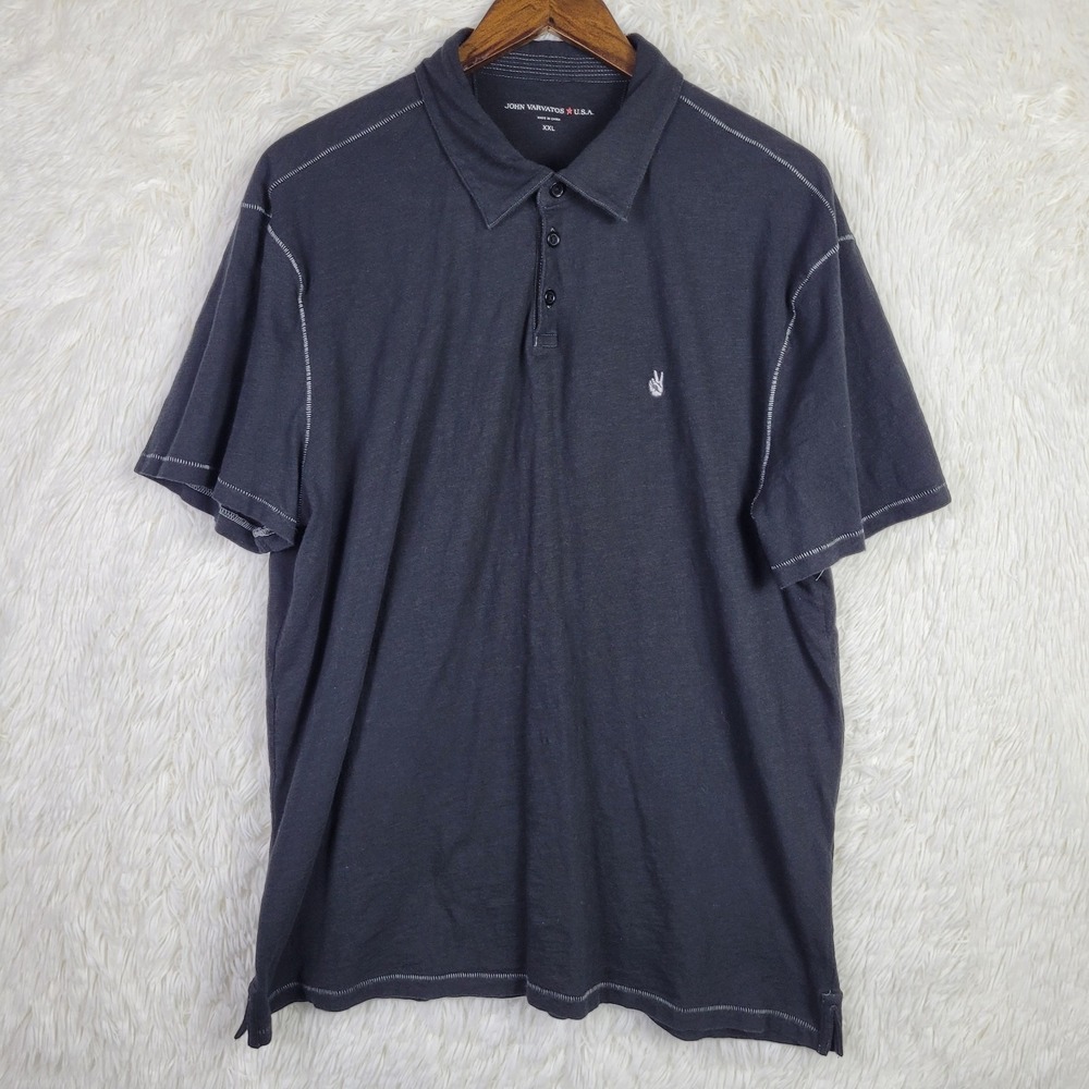 John Varvatos USA Mens XXL Charcoal Black Slub Cotton Peace Sign Polo Shirt